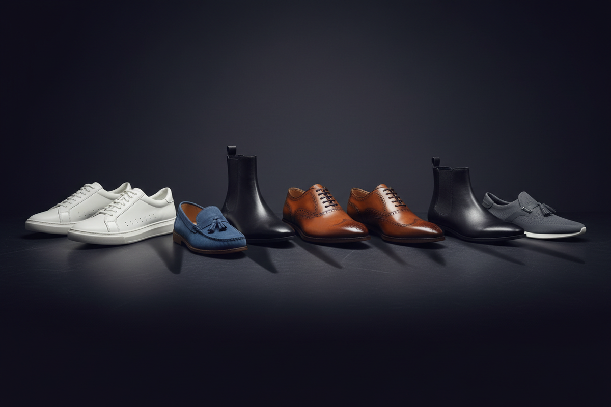 Men's shoes collection featuring premium sneakers, leather dress shoes, and casual loafers arranged on a dark background