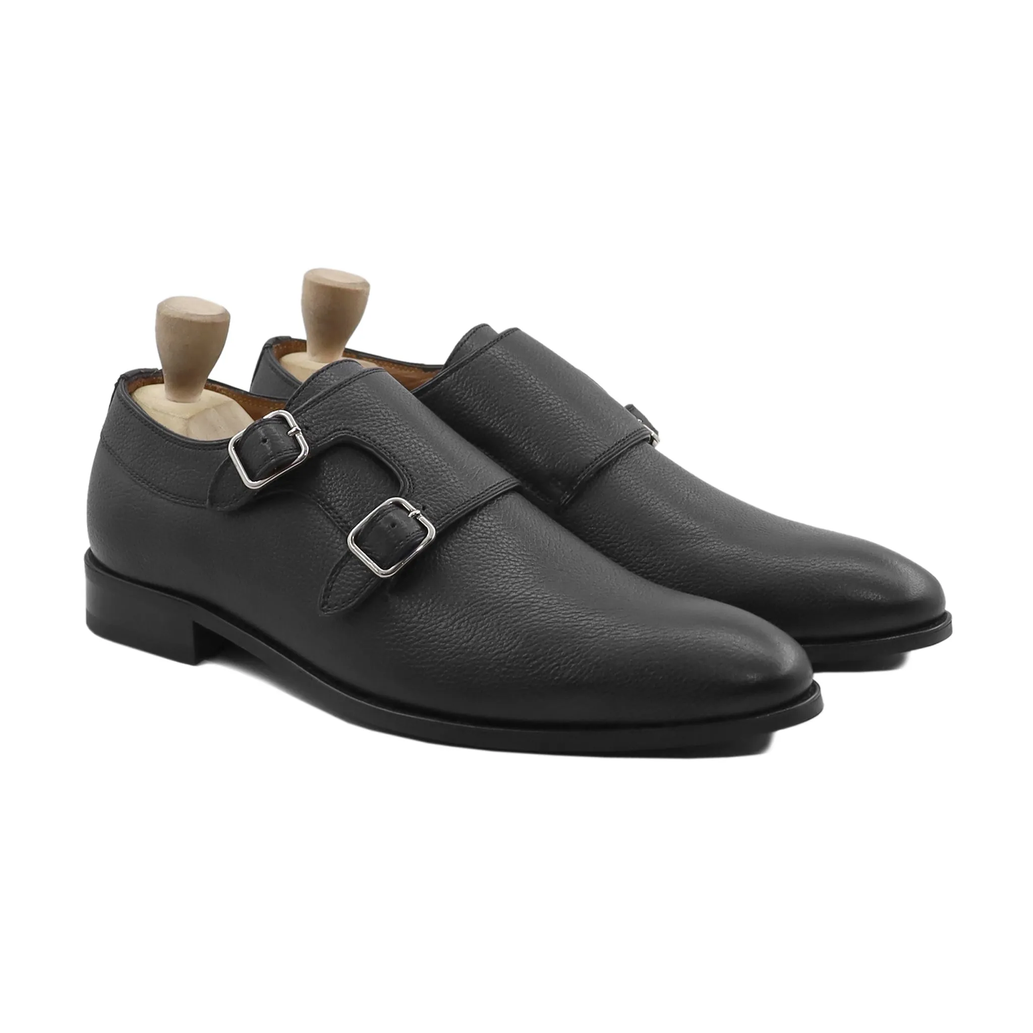 Akranes - Men's Black Pebble Grain Leather Double Monkstrap Shoe