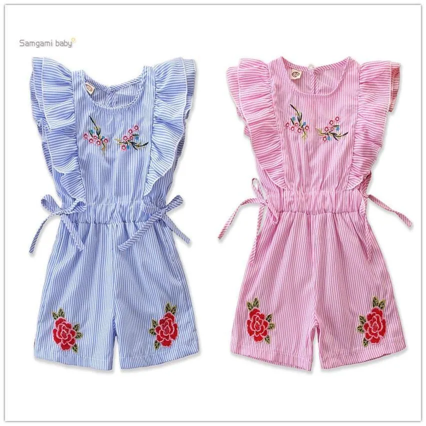 BLUE SLEEVELESS RUFFLE ROMPER BODYSUIT WITH FLORAL DESIGNS