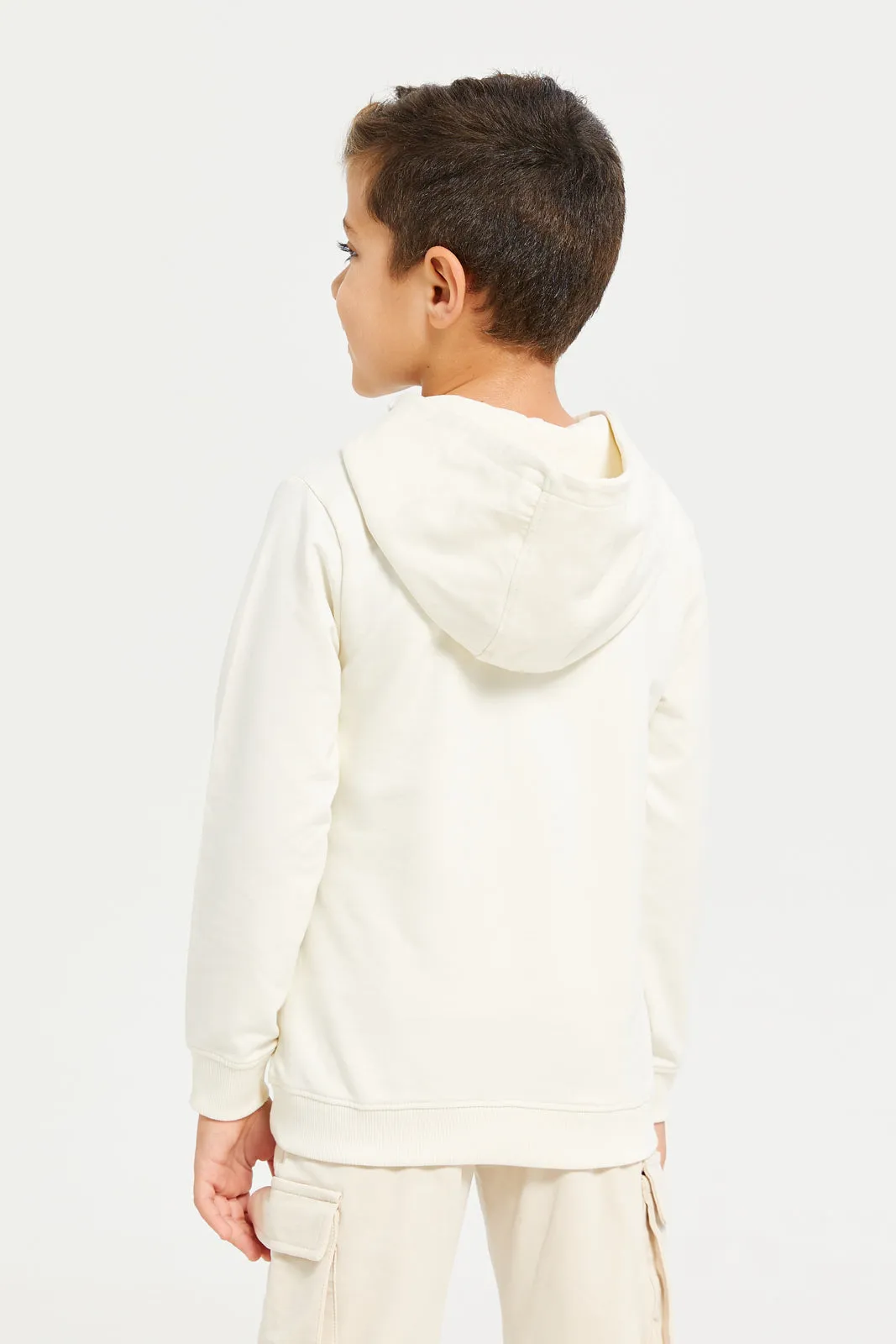 Boys Beige Hooded Printed Sweatshirt