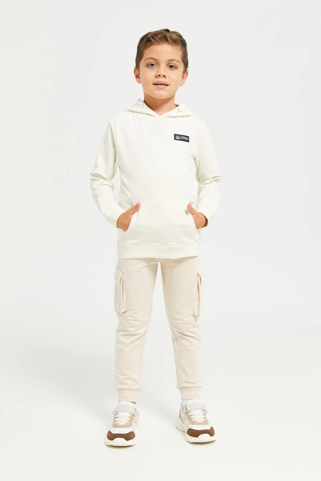 Boys Beige Hooded Printed Sweatshirt