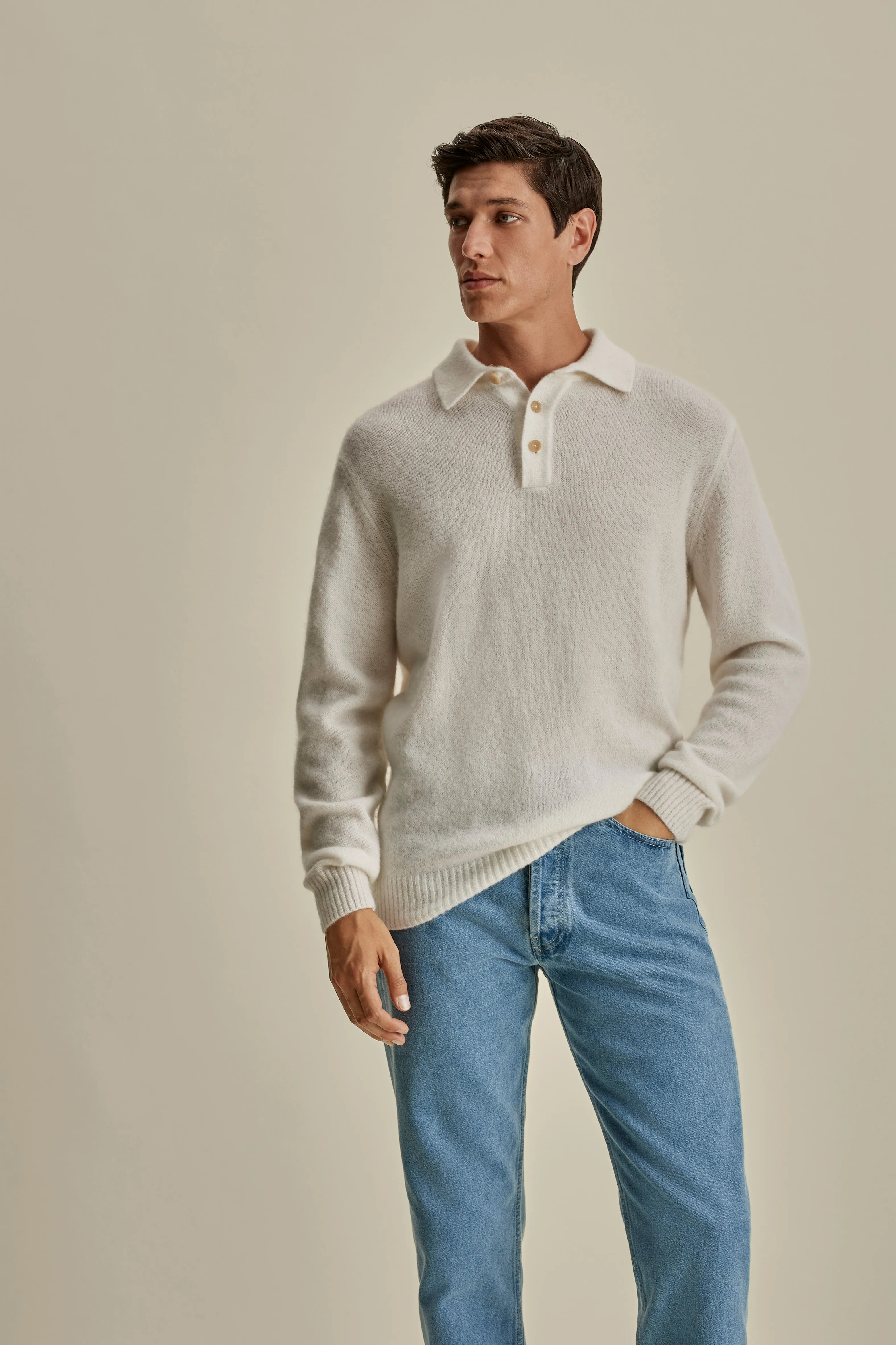 Brushed Cashmere Silk Long Sleeve Polo Shirt