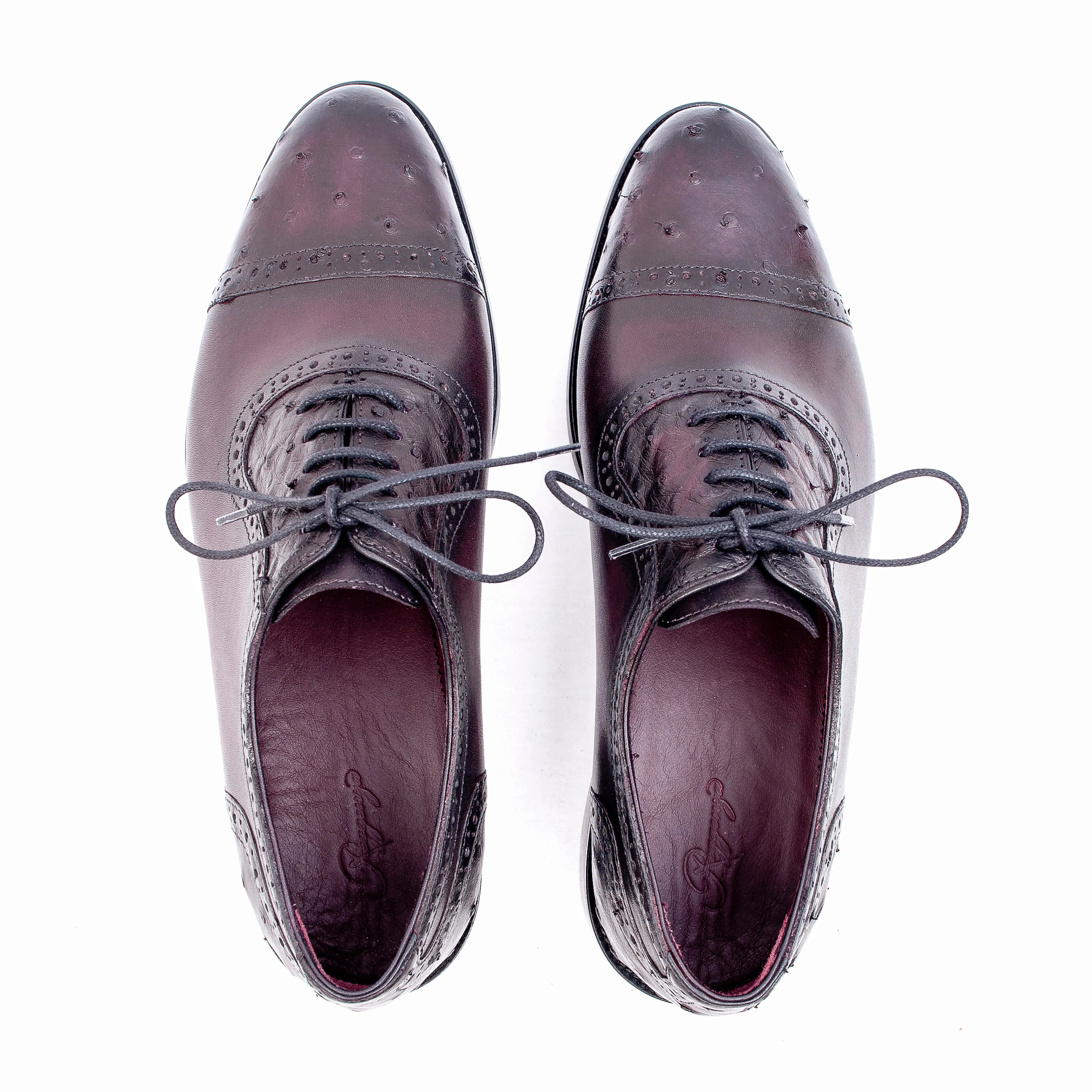 Burgundy Leather Shoes with Ostrich Detailing