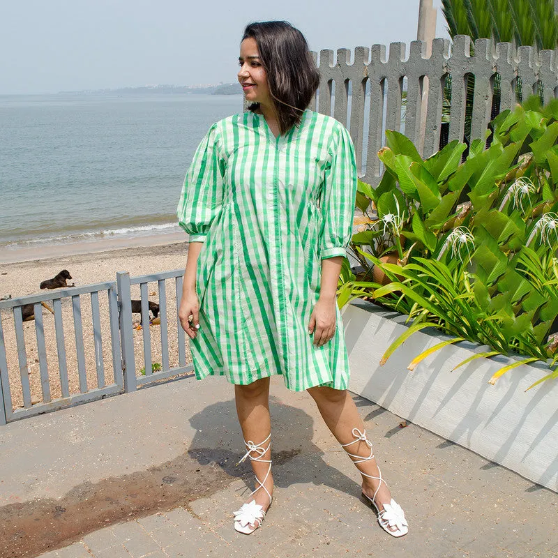 Cotton Checkered Printed Dress For Women  | Green