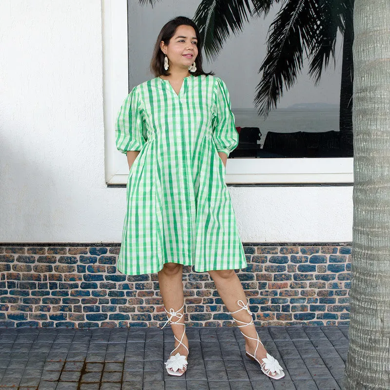 Cotton Checkered Printed Dress For Women  | Green