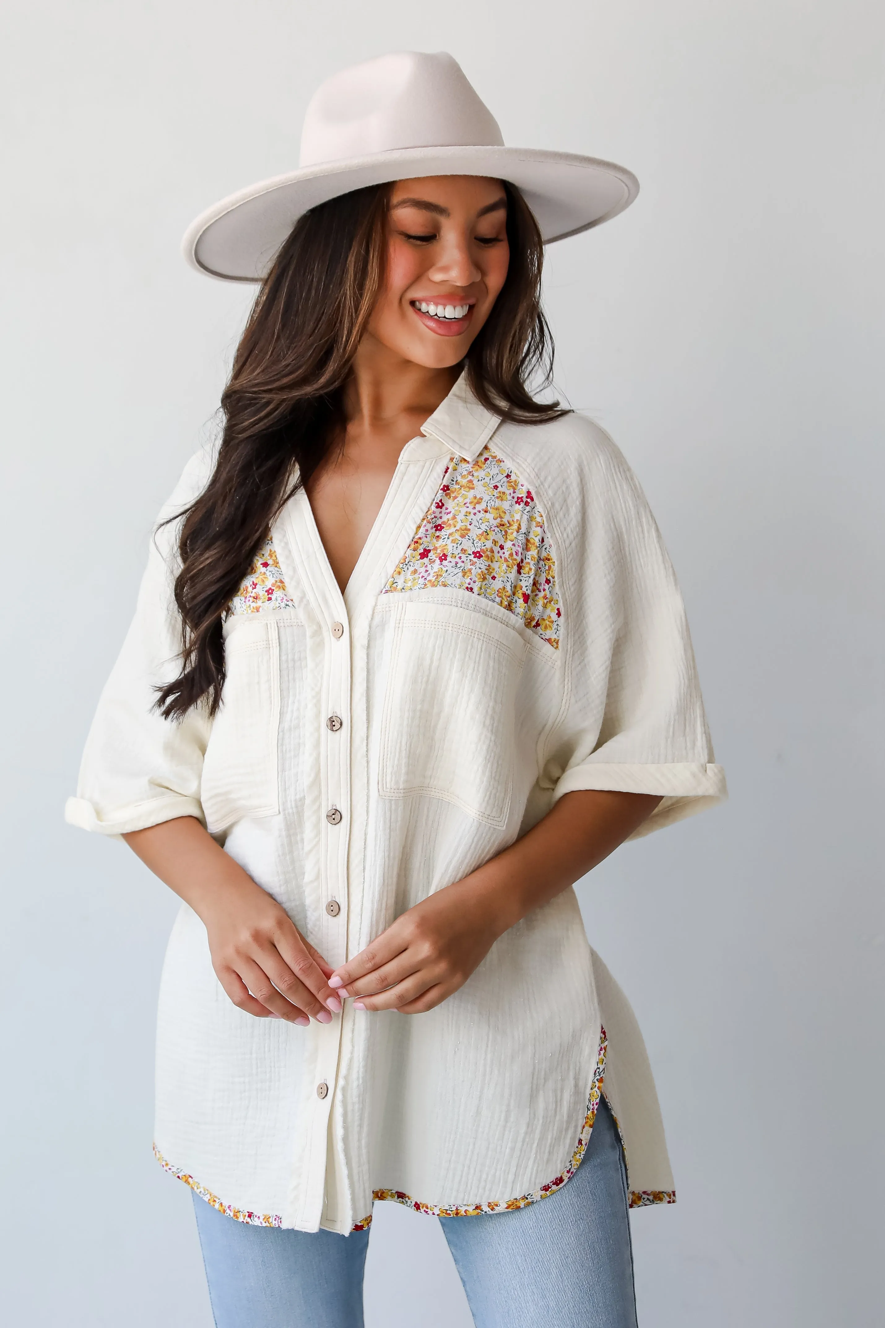 FINAL SALE - Number One Choice Ivory Floral Linen Blouse