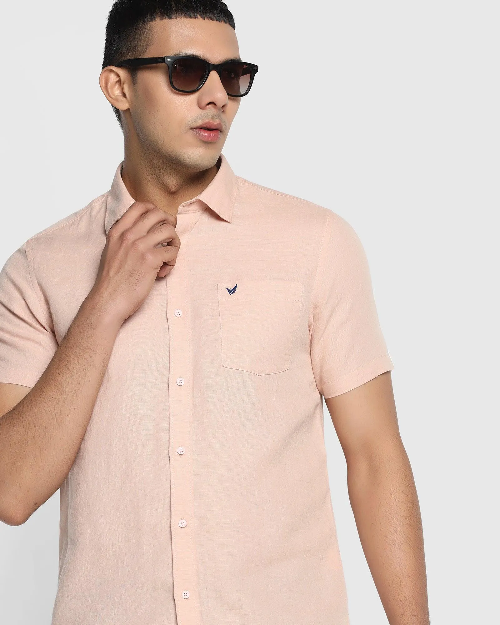 Linen Casual Half Sleeve Peach Solid Shirt - Salmon