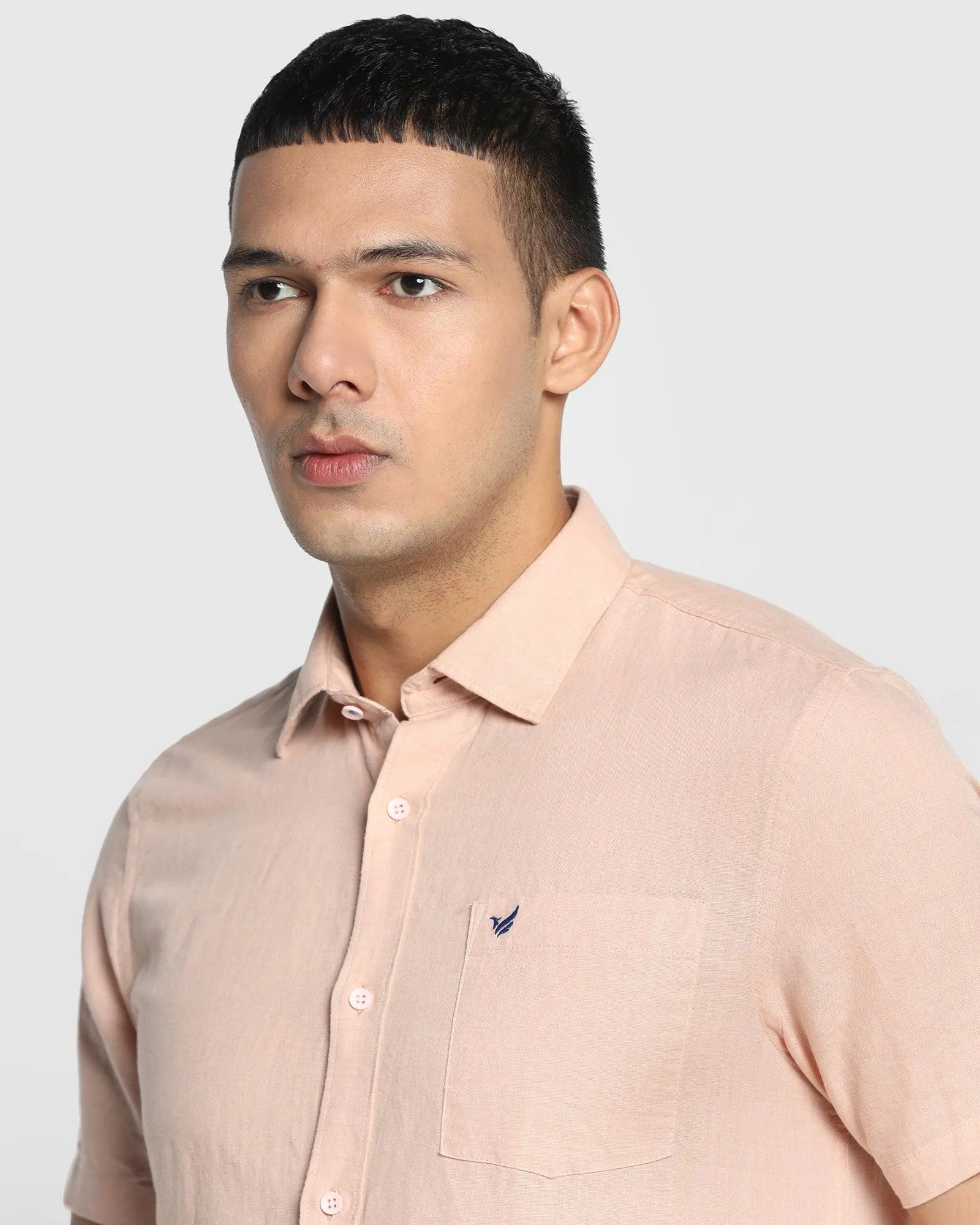 Linen Casual Half Sleeve Peach Solid Shirt - Salmon