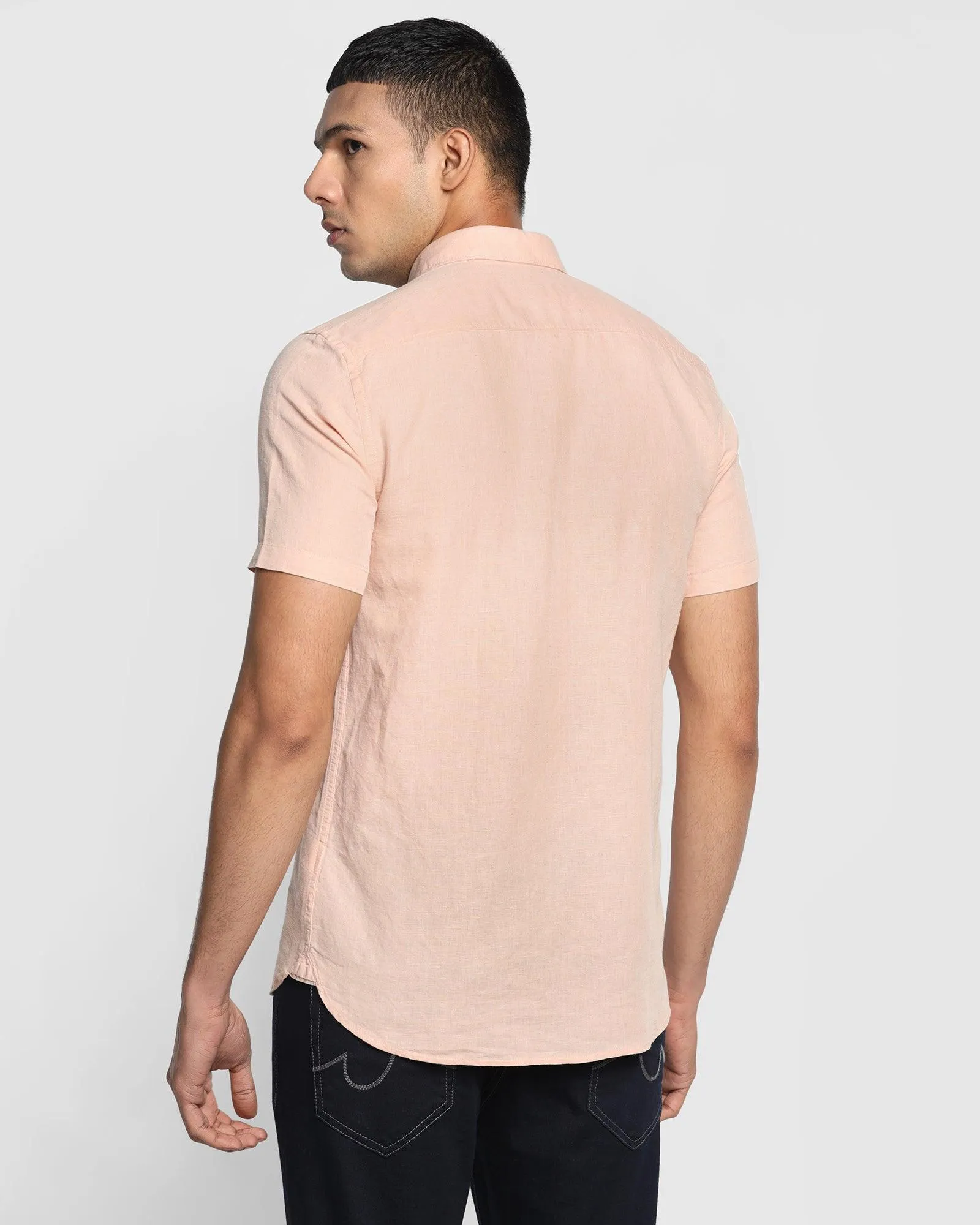 Linen Casual Half Sleeve Peach Solid Shirt - Salmon