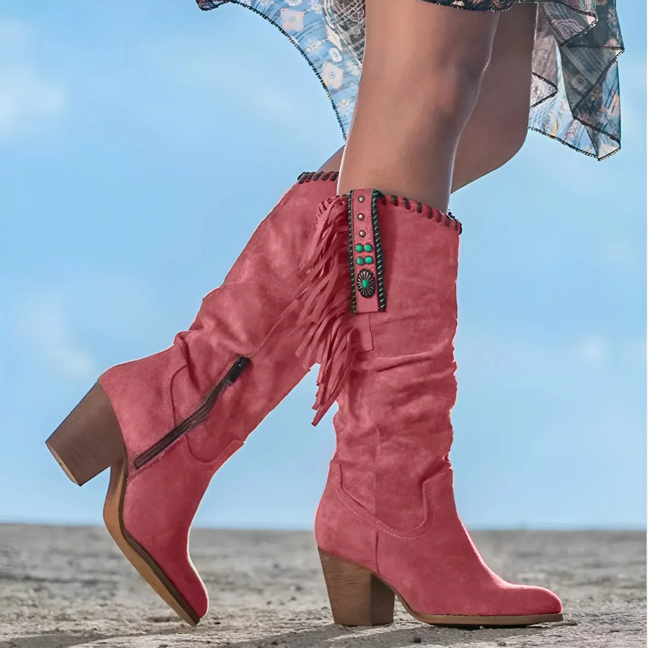 Maddie™ | Stylish genuine leather cowboy boots with fringe details