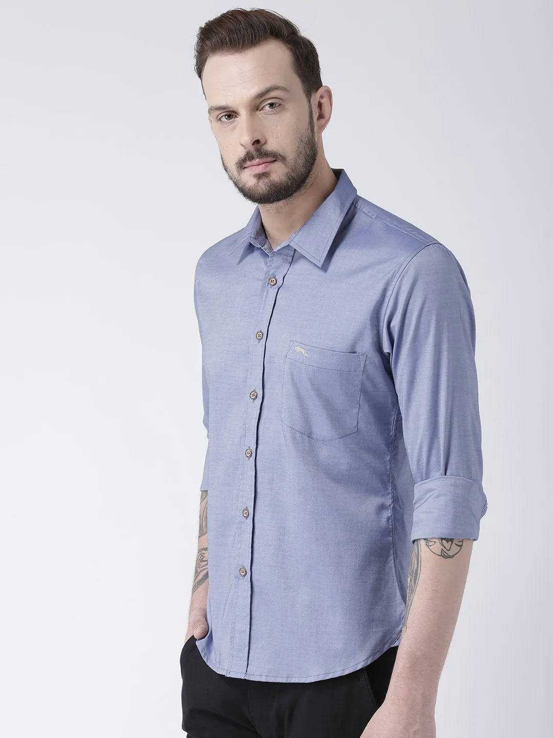 Men Blue Solid Cotton Slim Fit Shirt