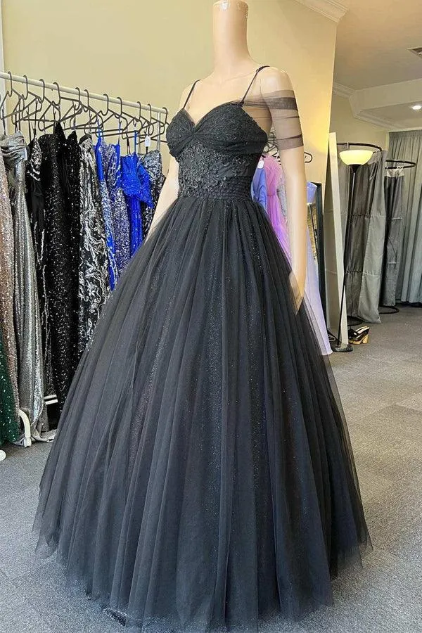 Princess Sweetheart Tulle Cold-Shoulder Black  Long Prom Dress PSK378