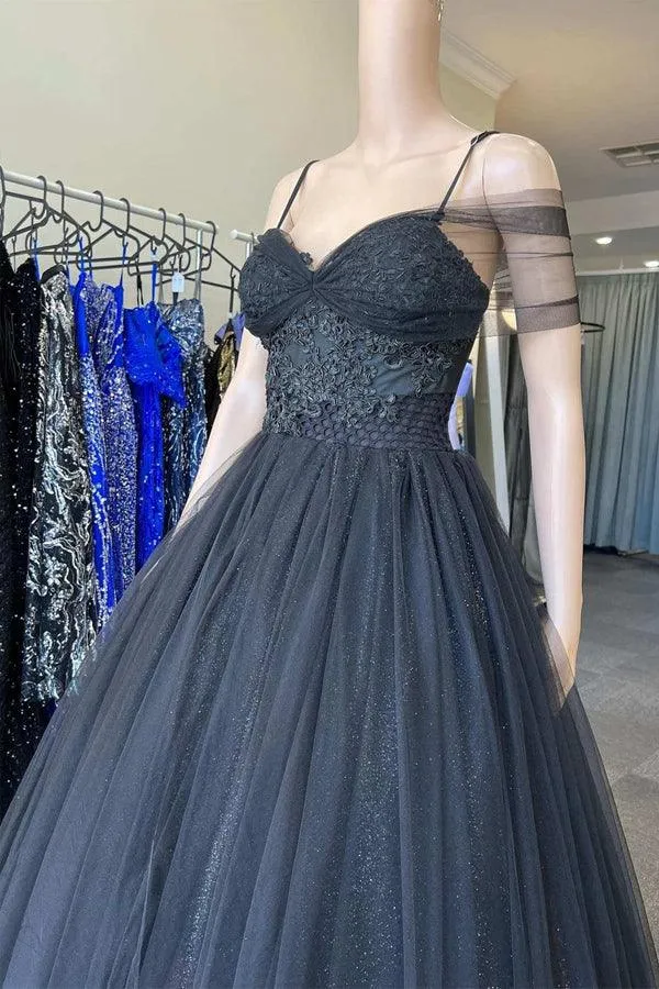 Princess Sweetheart Tulle Cold-Shoulder Black  Long Prom Dress PSK378