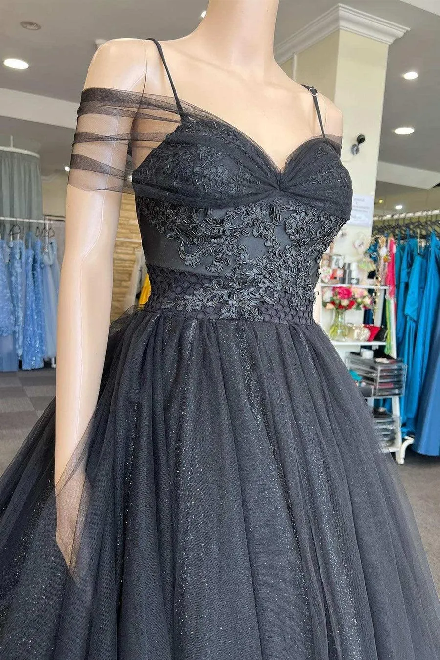 Princess Sweetheart Tulle Cold-Shoulder Black  Long Prom Dress PSK378