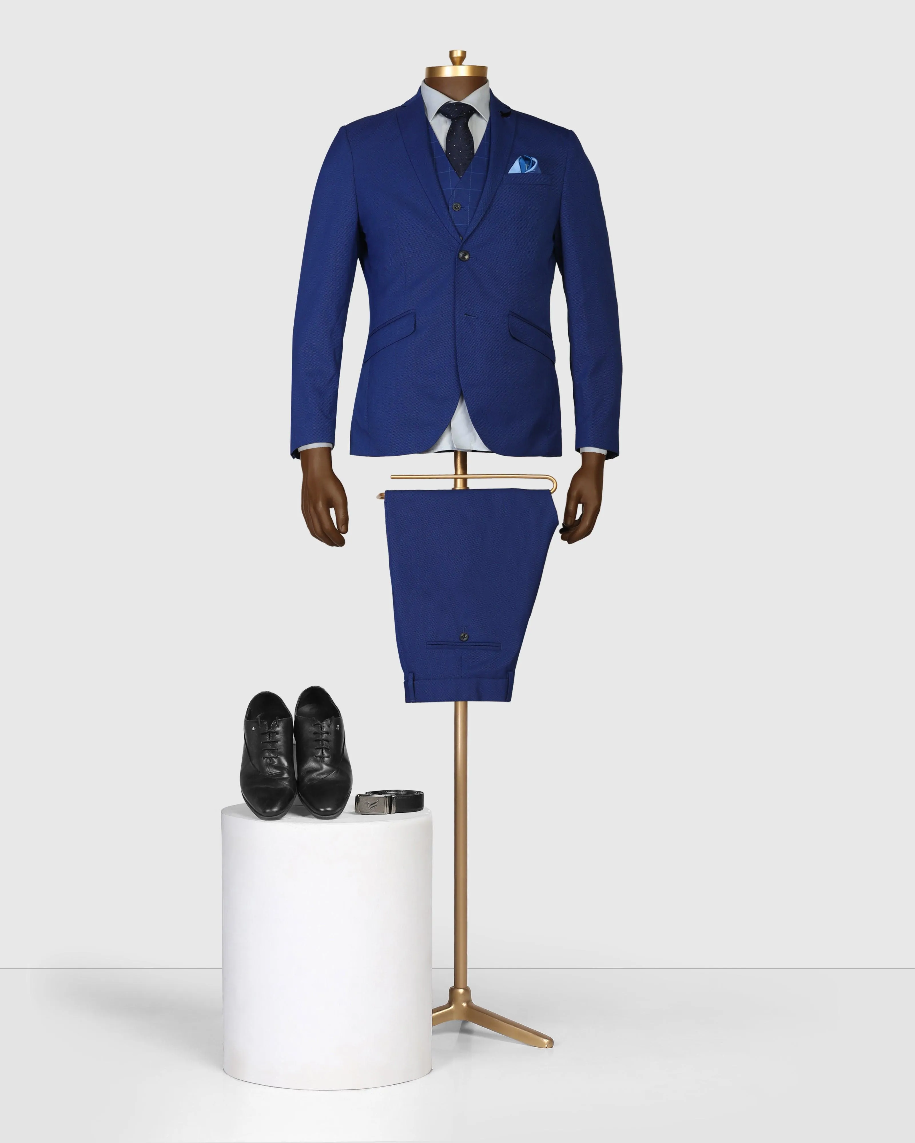 Tuxedo Three Piece Royal Blue Textured Formal Suit - Reto