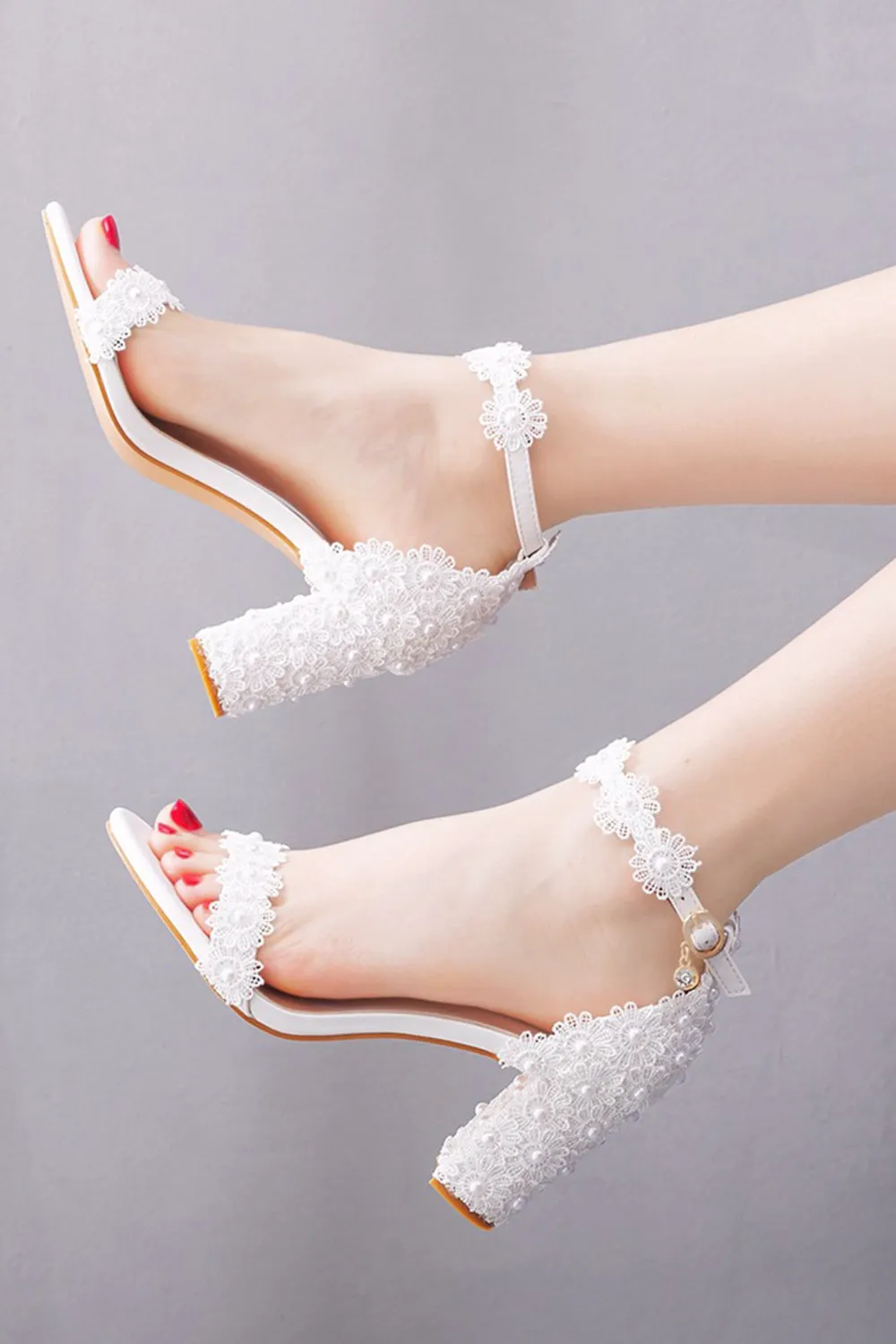 White Open Toe Pearl Lace Chunky Wedding Sandals