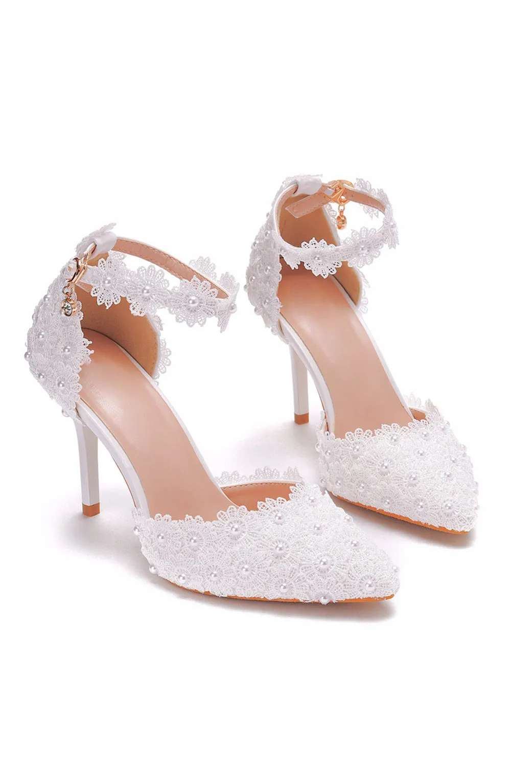 White Pointed Toe Lace Ankle Strap Wedding Shoes